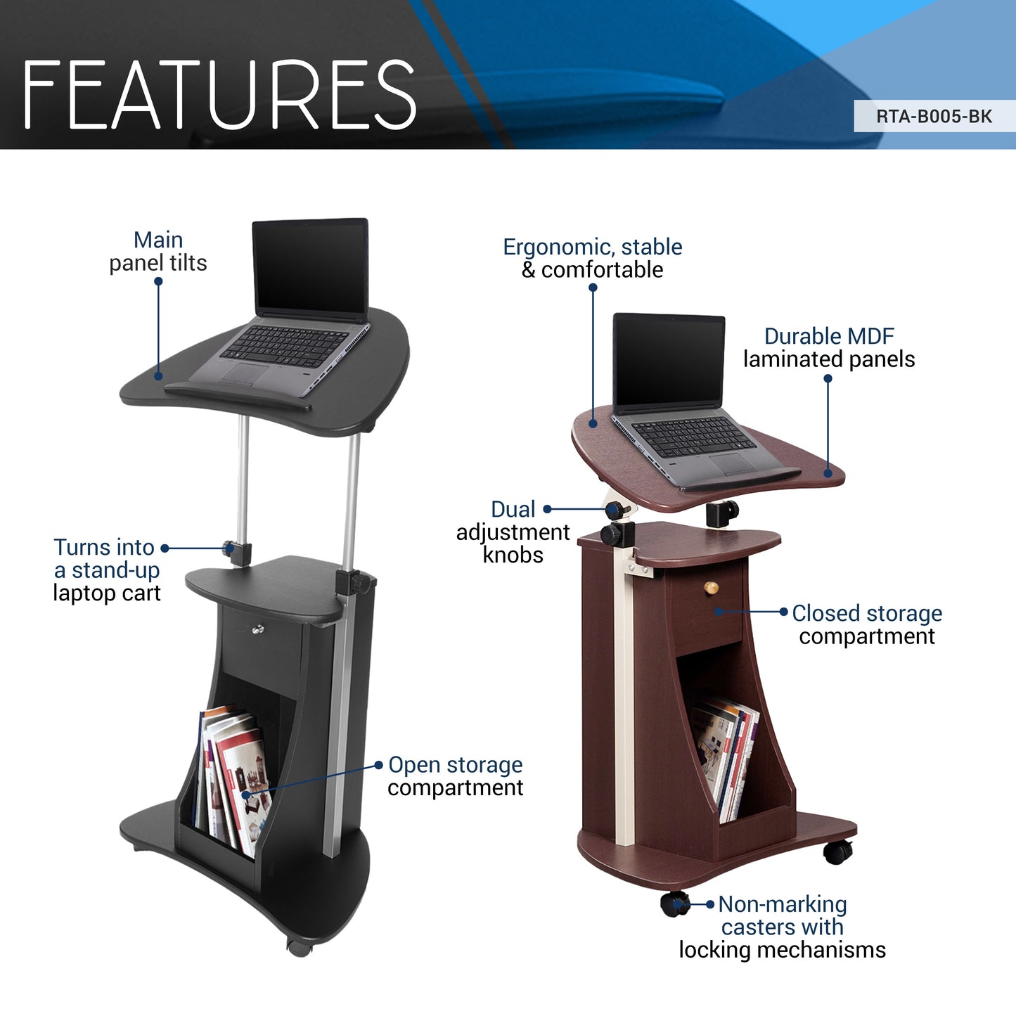 Adjustable Rolling Laptop Cart with Sit-to-Stand Function and Black Storage Shelf