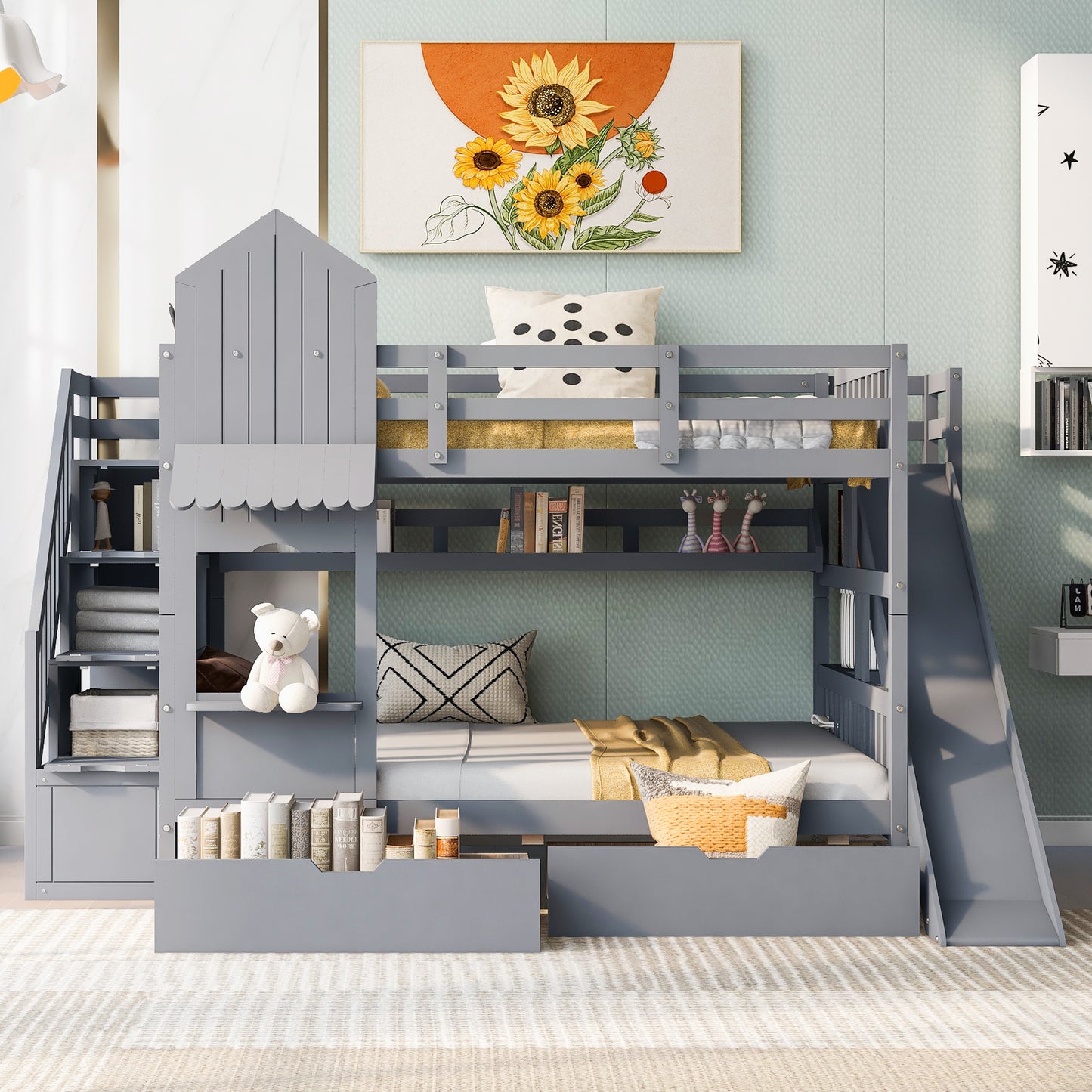 Castle Loft Bunk Bed with Slide, Drawers, and Shelves - Gray: Magical Castle Style Loft Bed with Slide, Drawers, and Shelves