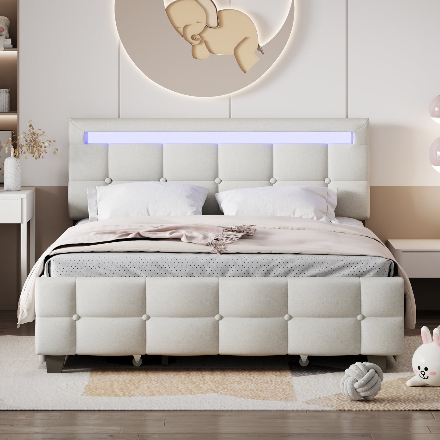 Queen Size Upholstered Platform Bed with LED Frame and 4 Drawers, Linen Fabric, Beige