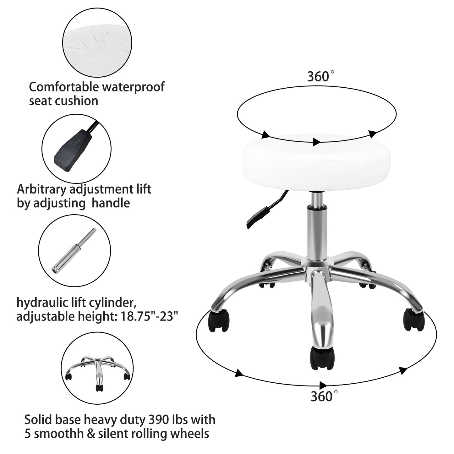 Round Stool Chair with Wheels Height Adjustable, White