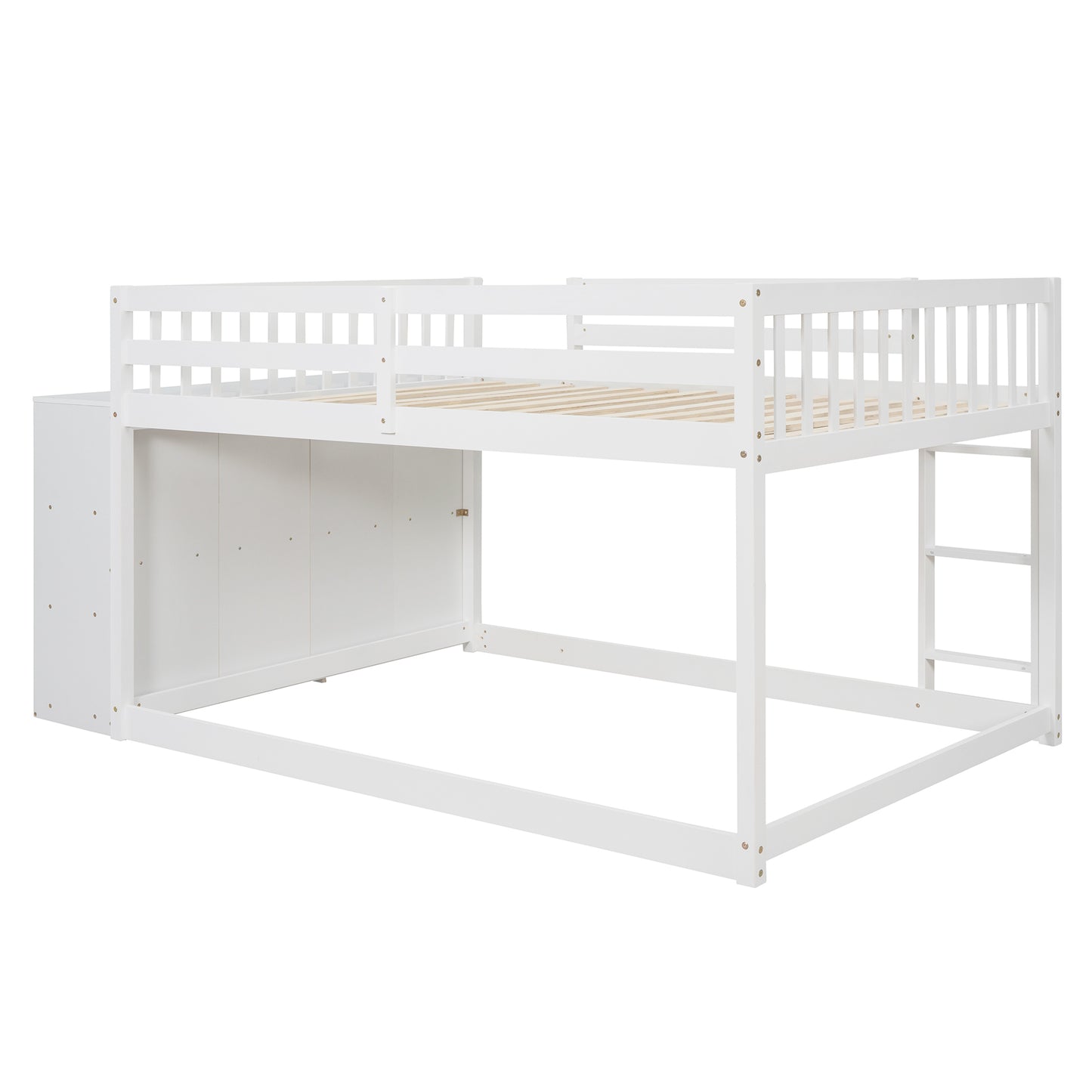 White Full over Full Bunk Bed with Storage, Shelves, and Drawers