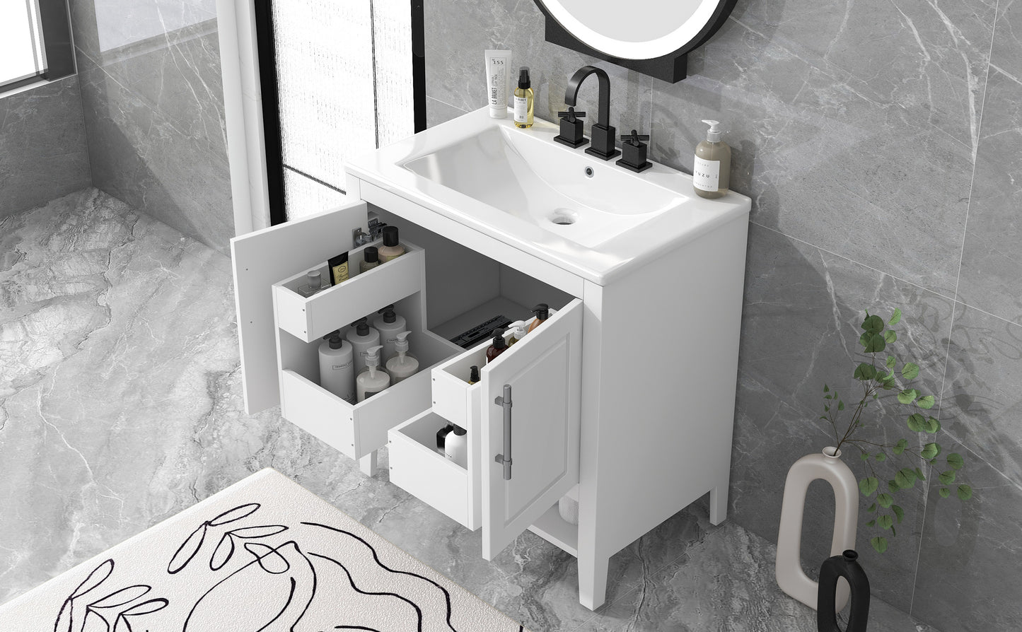 30" Bathroom Vanity with Sink, Multi-functional Bathroom Cabinet with Doors and Drawers, Solid Frame and MDF Board, White