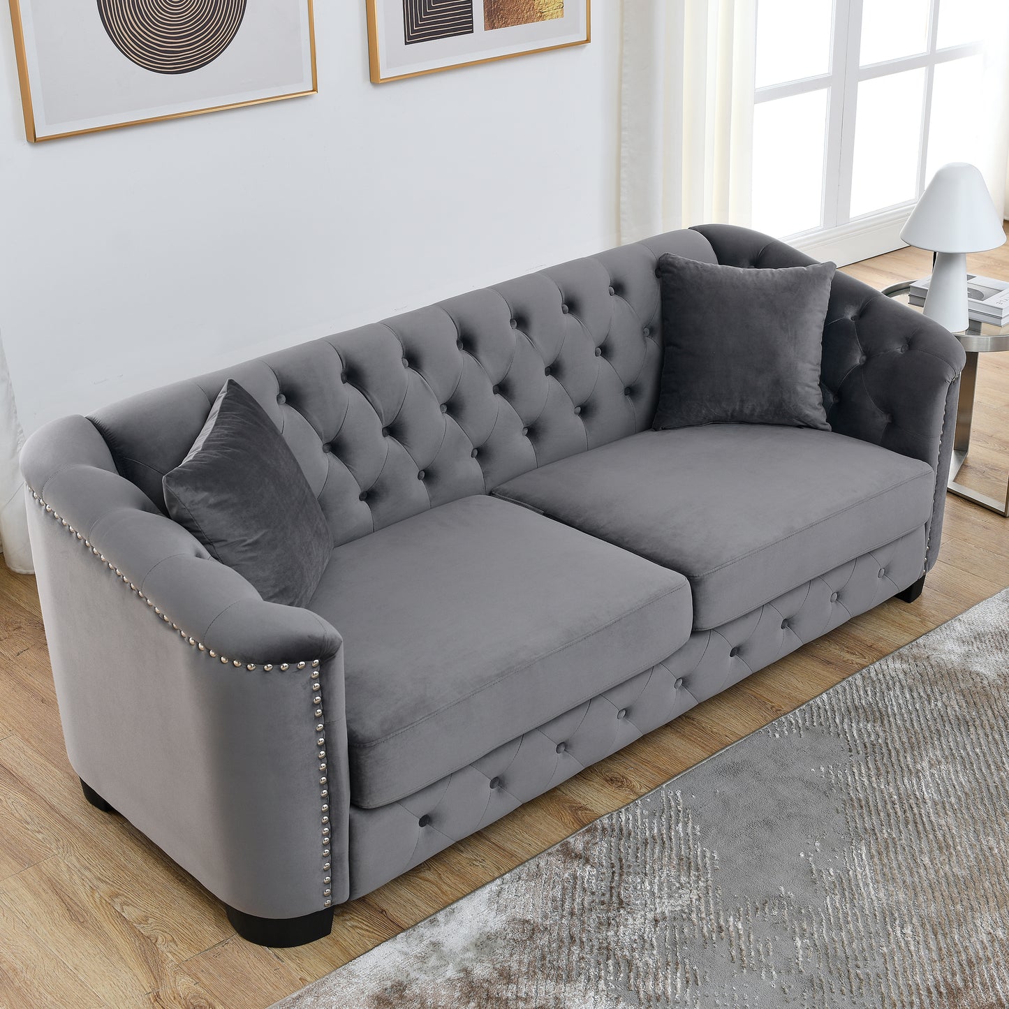 3-Seater Velvet Grey Sofa Set with Pillows