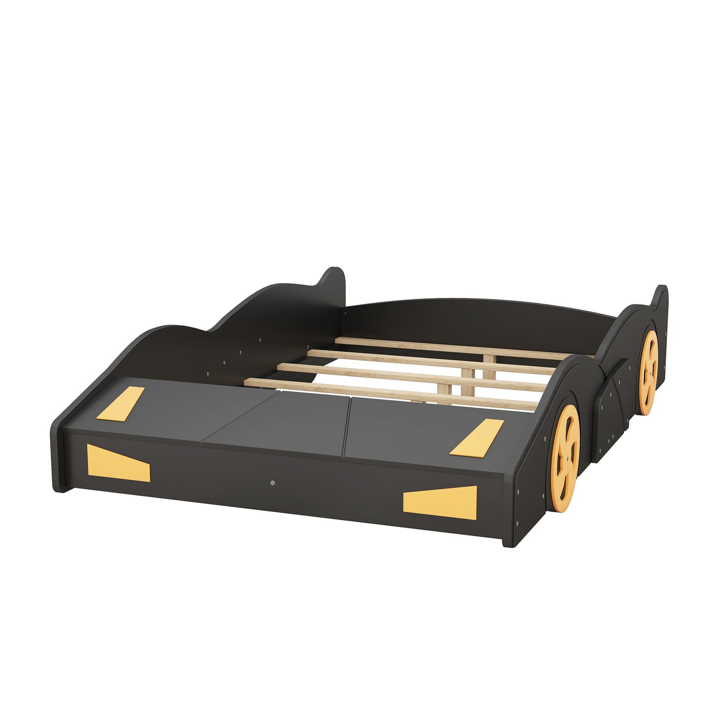 Full Size Race Car-Shaped Platform Bed with Wheels and Storage, Black+Yellow