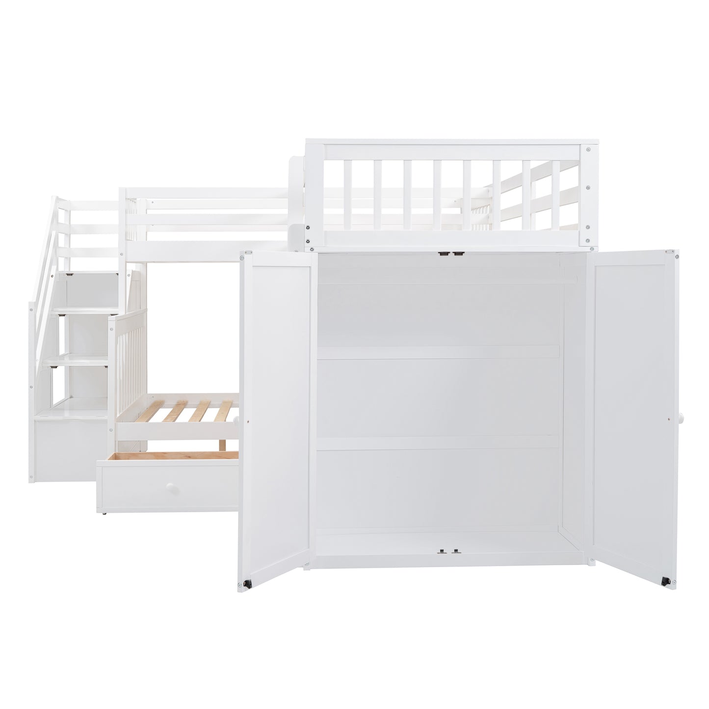 L-Shaped Bunk Bed Set with Desks, Wardrobe, Drawers, White - Space-Saving Sleepover Solution