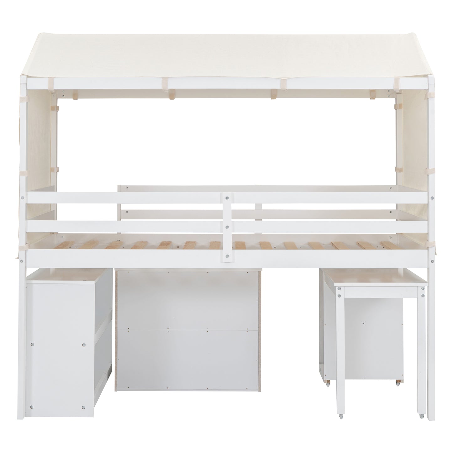 Twin Size Loft Bed with Rolling Cabinet, Shelf and Tent - White