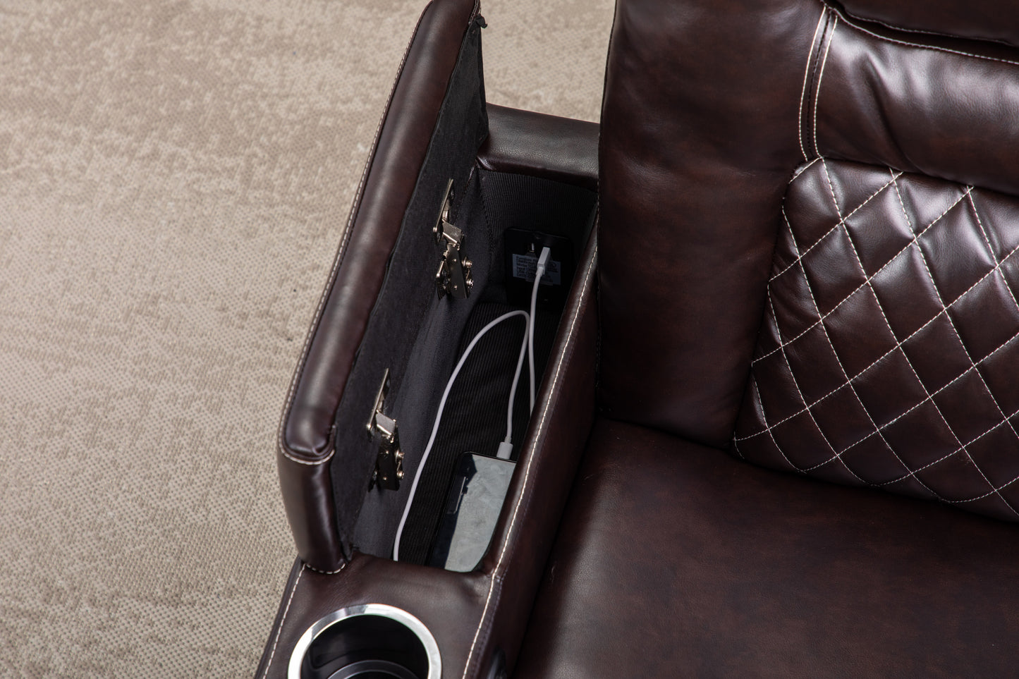 Luxurious PU Recliner with Built-In Cup Holders, Storage, and USB Port