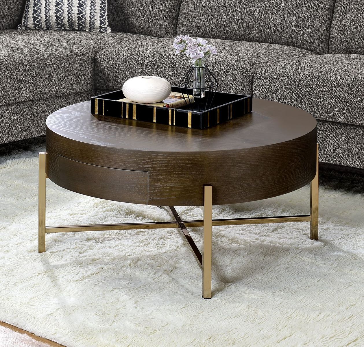 Elegant Oak and Champagne Coffee Table with Drawer