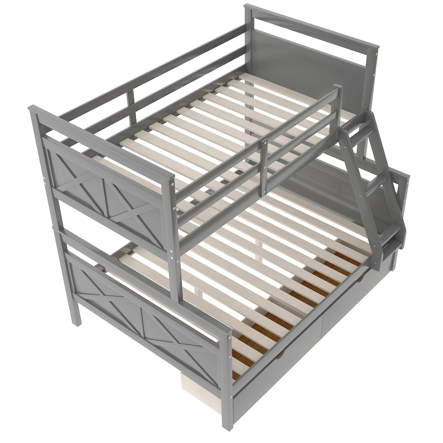 Versatile Gray Twin over Full Bunk Bed with Storage Drawers, Guardrail, and Ladder