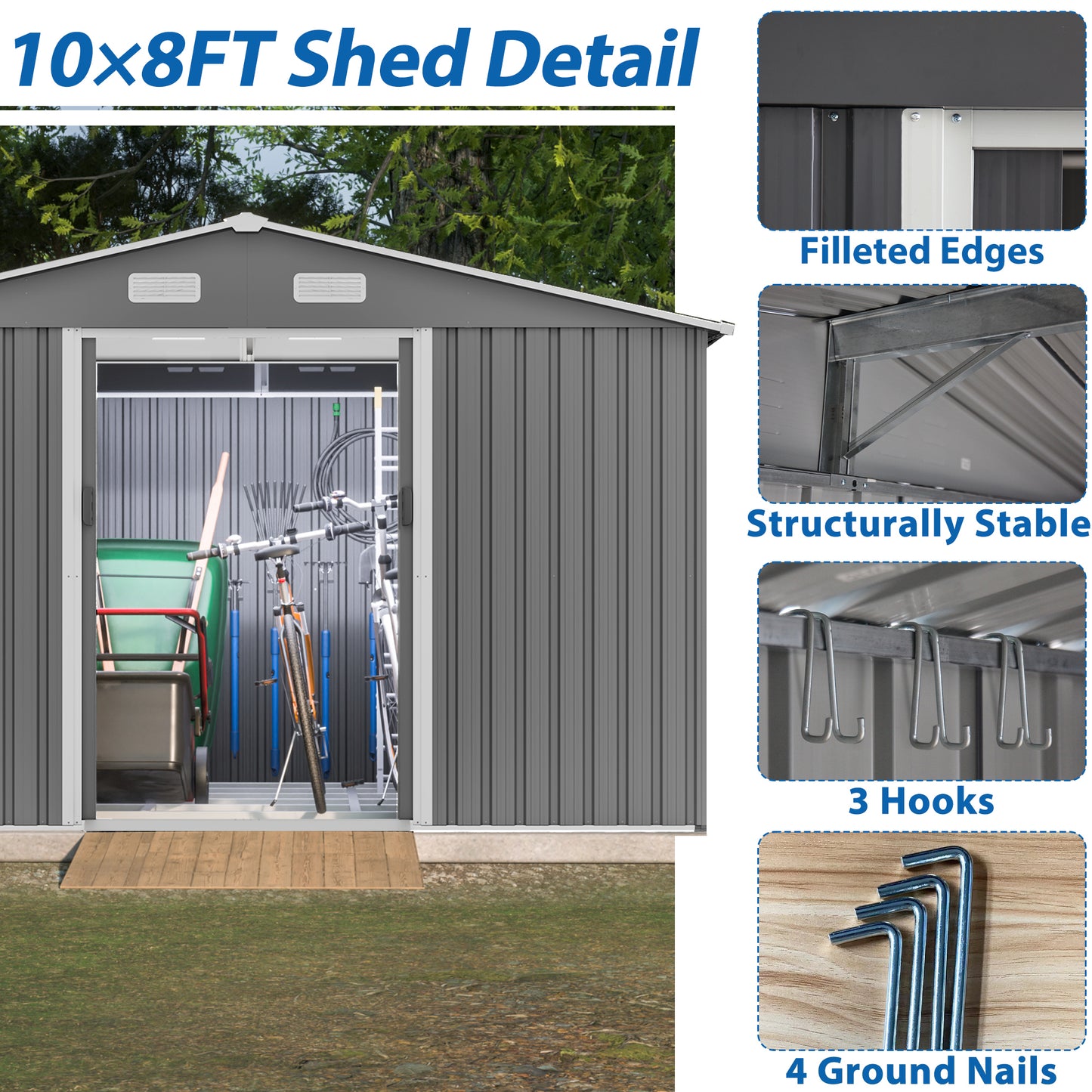 10X8 FT Outdoor Storage Shed, All Weather Metal Sheds with Metal Foundation & Lockable Doors, Tool Shed for Garden, Patio, Backyard, Lawn, Grey