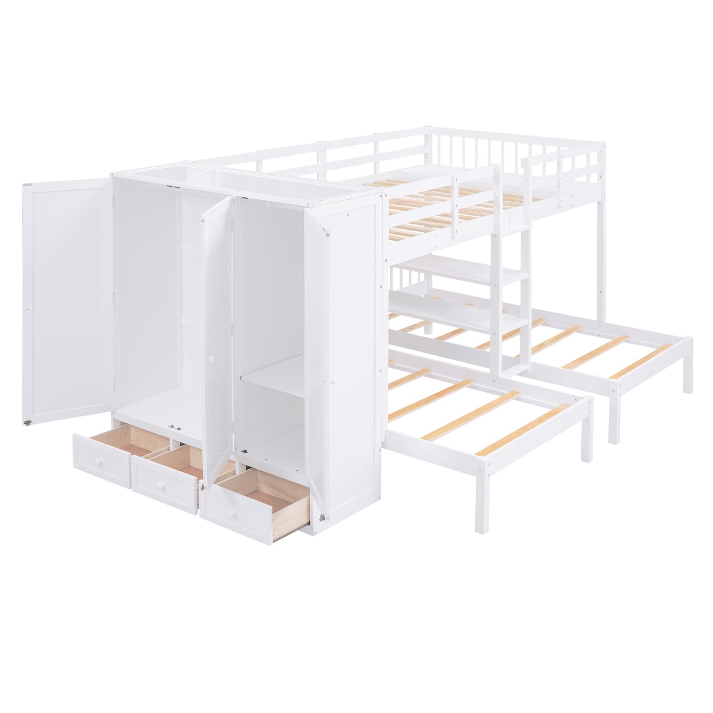 Triple Bunk Bed with Shelves, Wardrobe, and Mirror in White - Space-Saving Family Bunk Bed