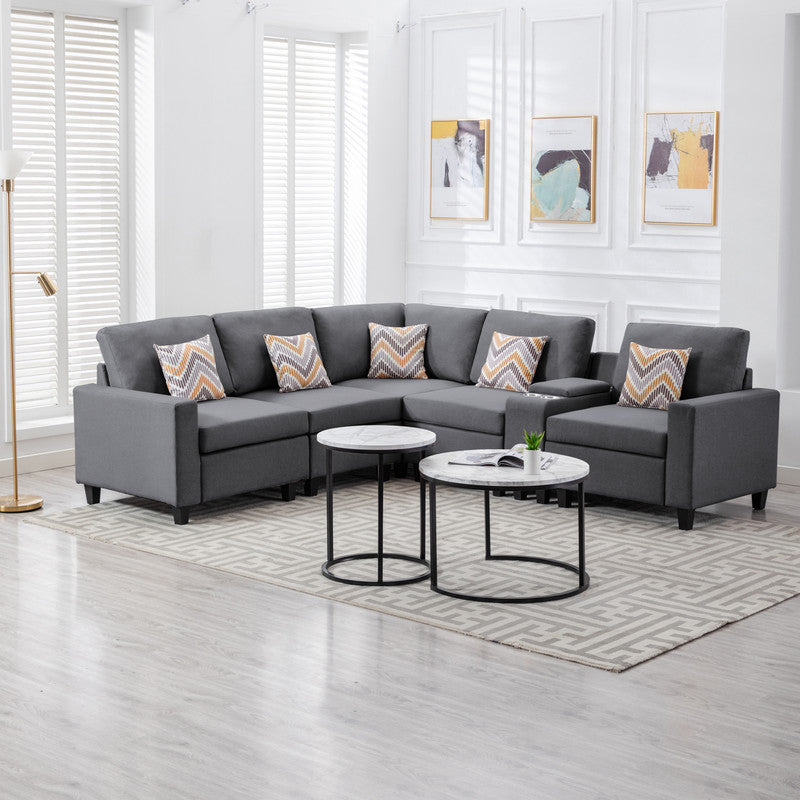 Nolan Gray Linen Fabric 6-Piece Transformable Sectional Sofa with USB, Charging Ports, Cupholders, Storage Console Table, Pillows, and Adjustable Legs