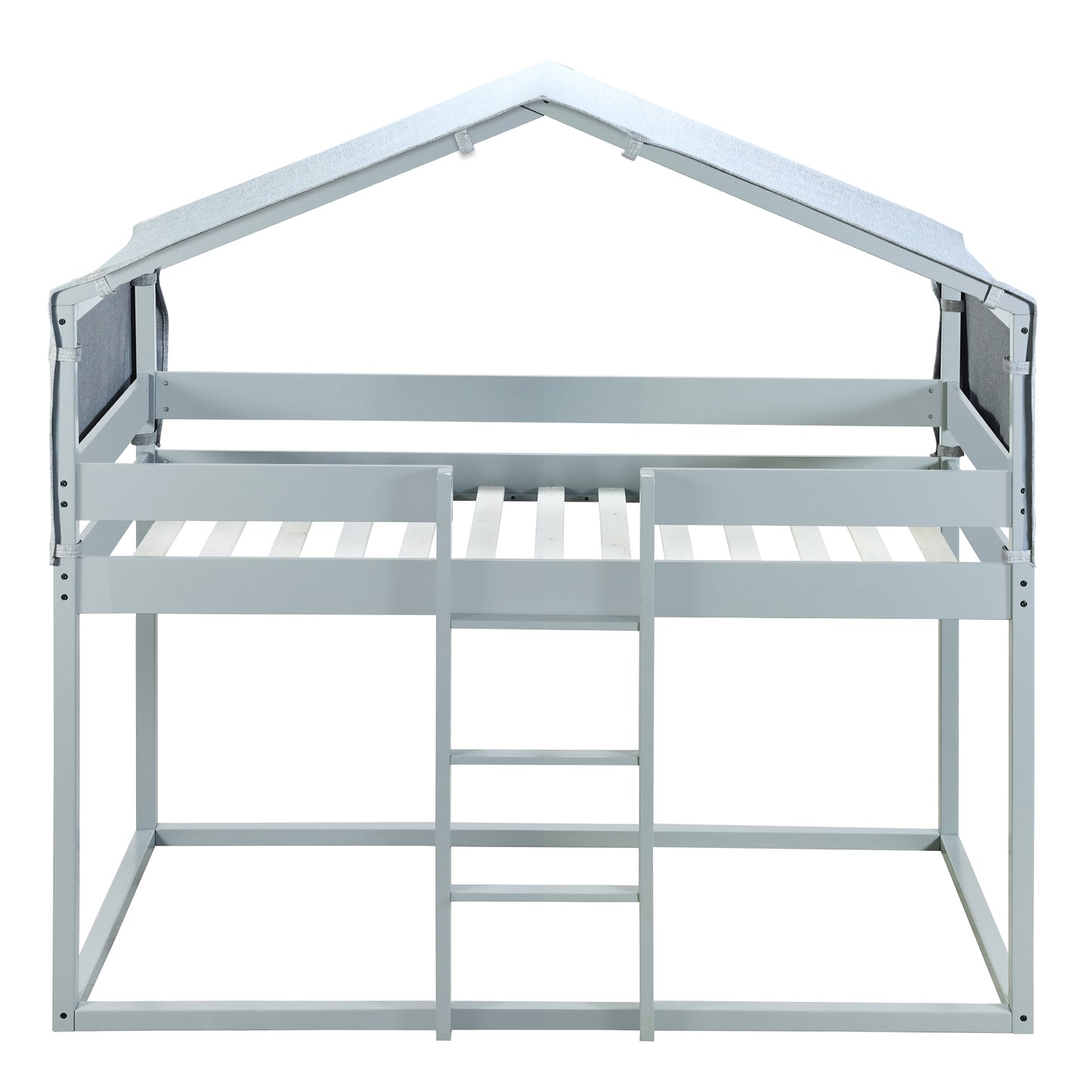 House-Shaped Twin Over Twin Bunk Bed with Tent in Gray Wood