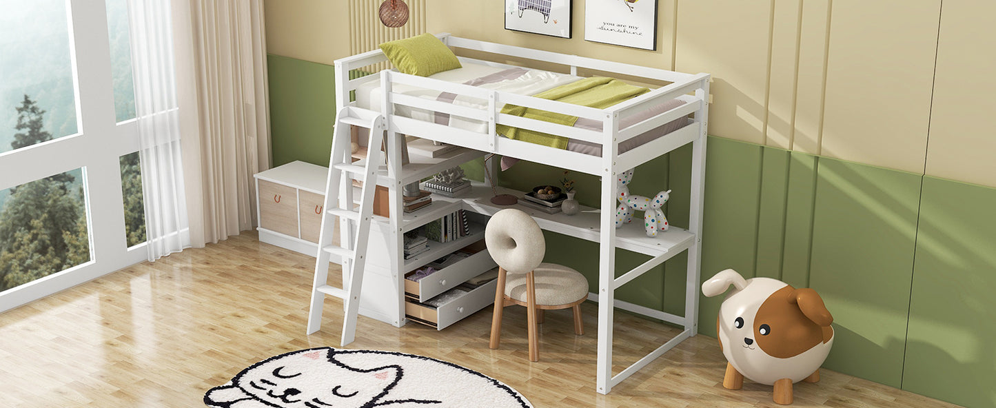 Twin Size Loft Bed with Desk and Shelves, Two Built-in Drawers, White(: GX000423AAK)