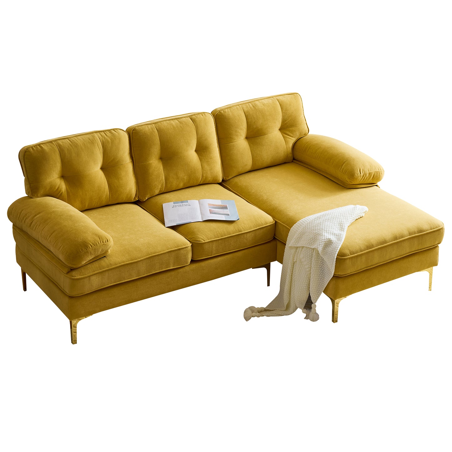 Modern Yellow Velvet L-Shaped Sectional Sofa for Living Room or Bedroom