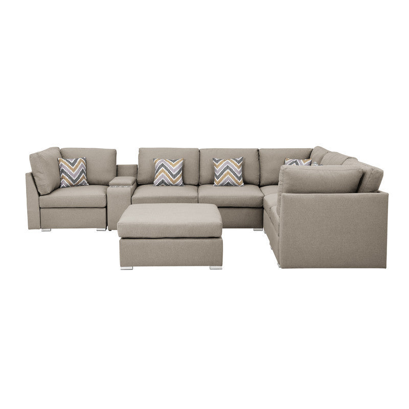 Lucy Beige Fabric Convertible Modular Sectional Sofa Set with USB Console and Ottoman