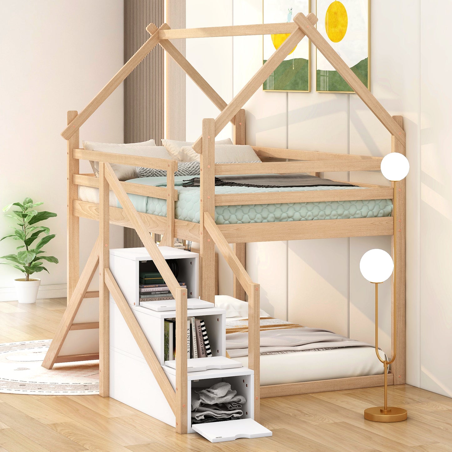 Twin House Loft Bunk Bed with Slide, Staircase, and Storage for Kids, Natural