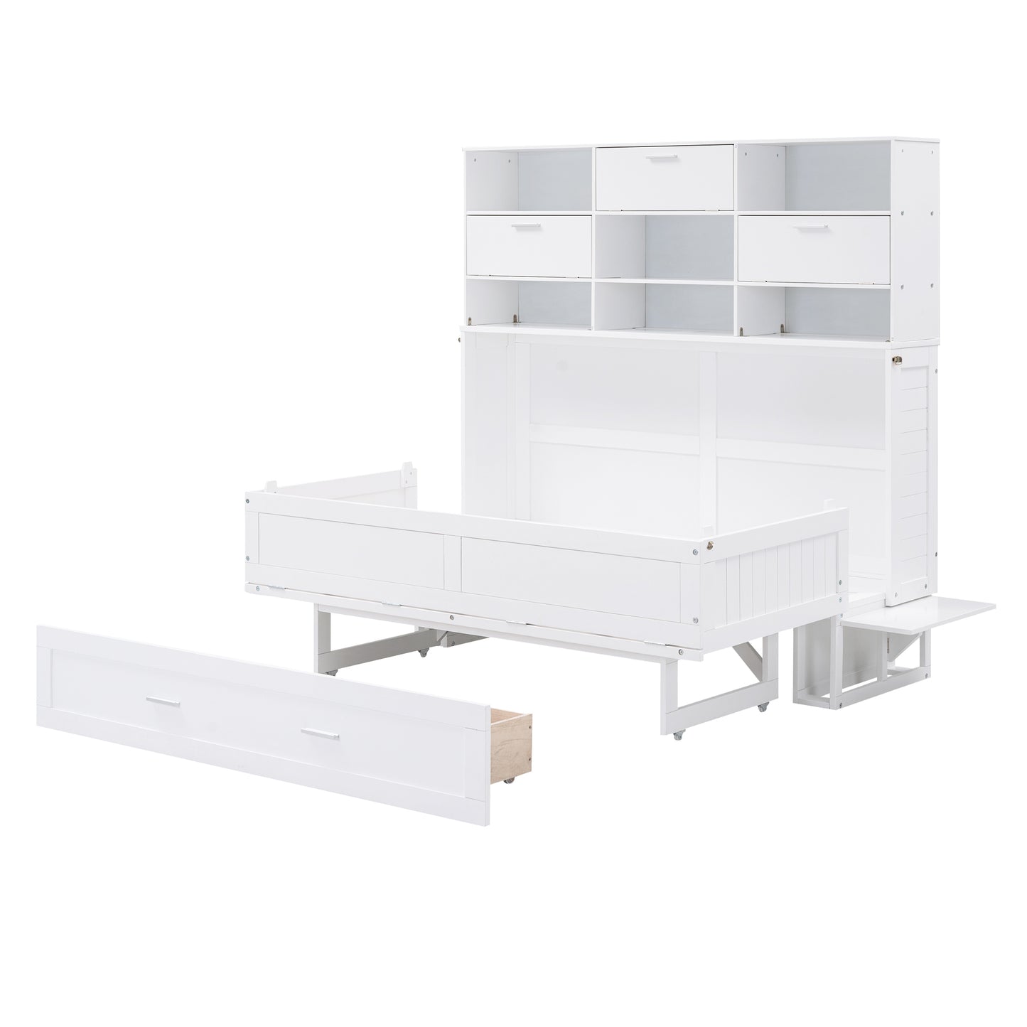 Queen Size Murphy Bed with Bookcase, Bedside Shelves and a Big Drawer, White