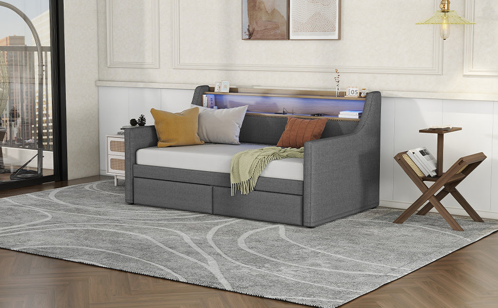 Twin Size Daybed with Storage Drawers, Upholstered Daybed with Charging Station and LED Lights, Gray (Expect arrive date: Jan 18th, 2024)