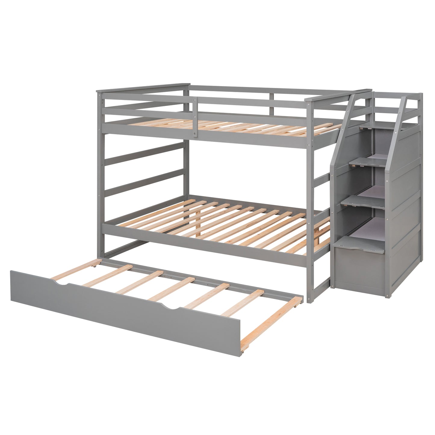 Gray Full Bunk Bed with Trundle and 3 Storage Stairs