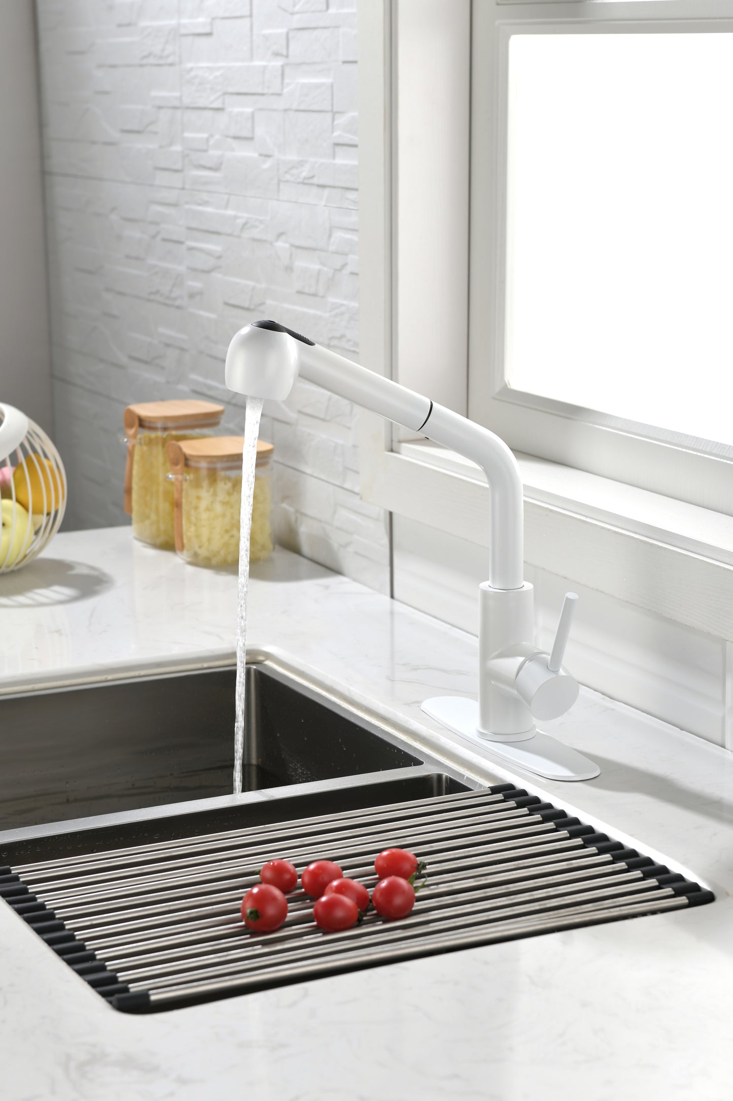 in White Pull-Out Sprayer Kitchen Faucet In Stainless with Deck Plate