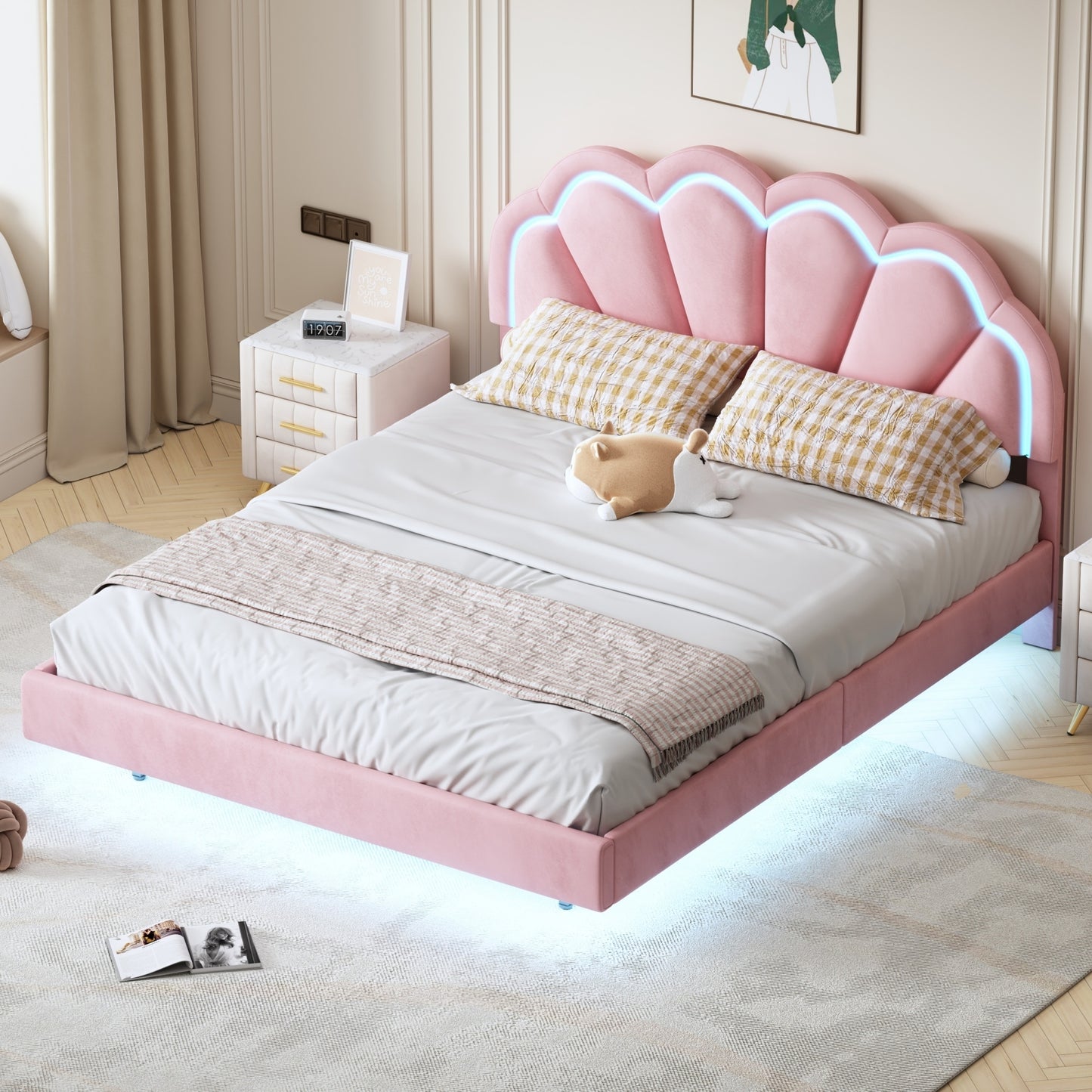 Queen Upholstered Smart LED Bed Frame with Elegant Flowers Headboard,Floating Velvet Platform LED Bed with Wooden Slats Support,Pink