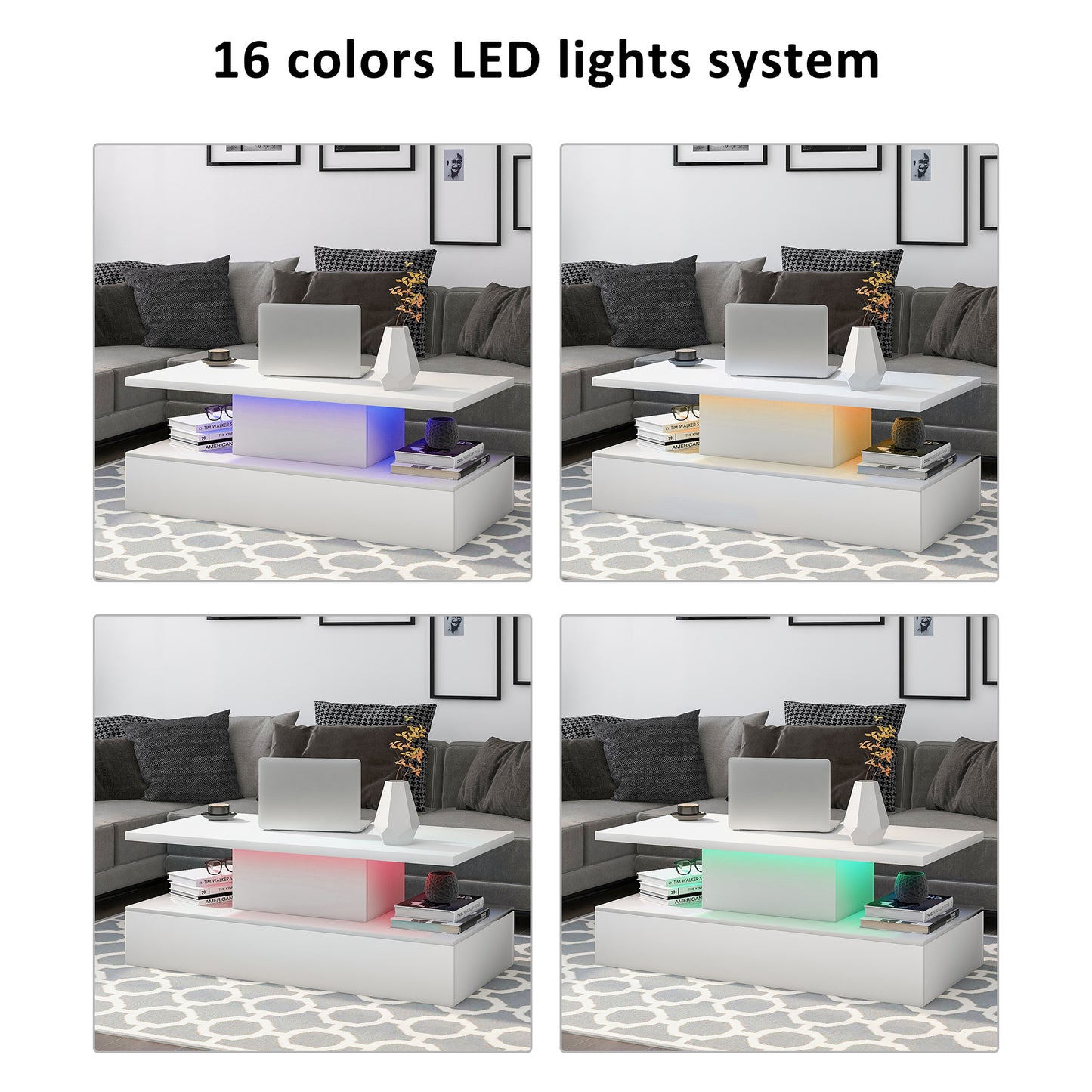 LED Light Coffee Table with 16 Color Options and Remote Control, Modern Industrial Design - White