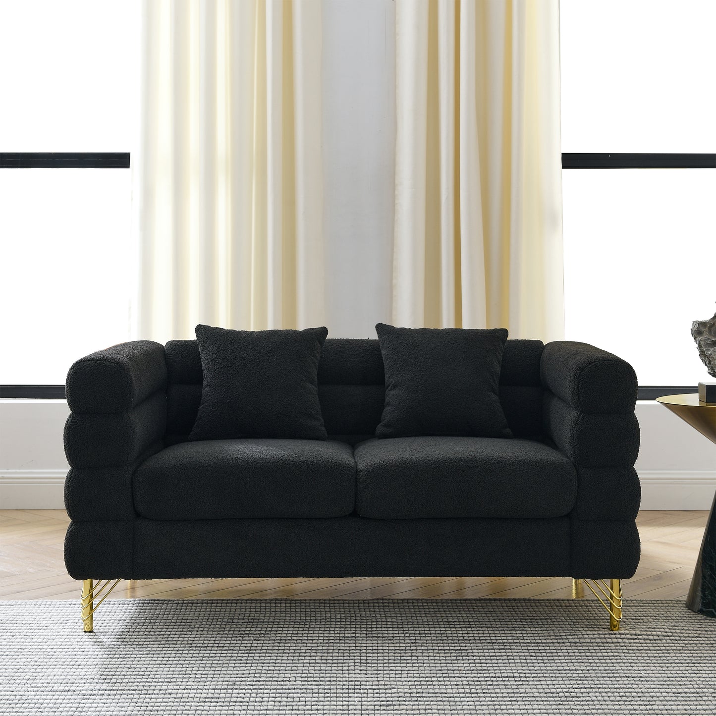 60-Inch Oversized 2 Seater Sectional Sofa with 2 Pillows, Black Teddy Fabric