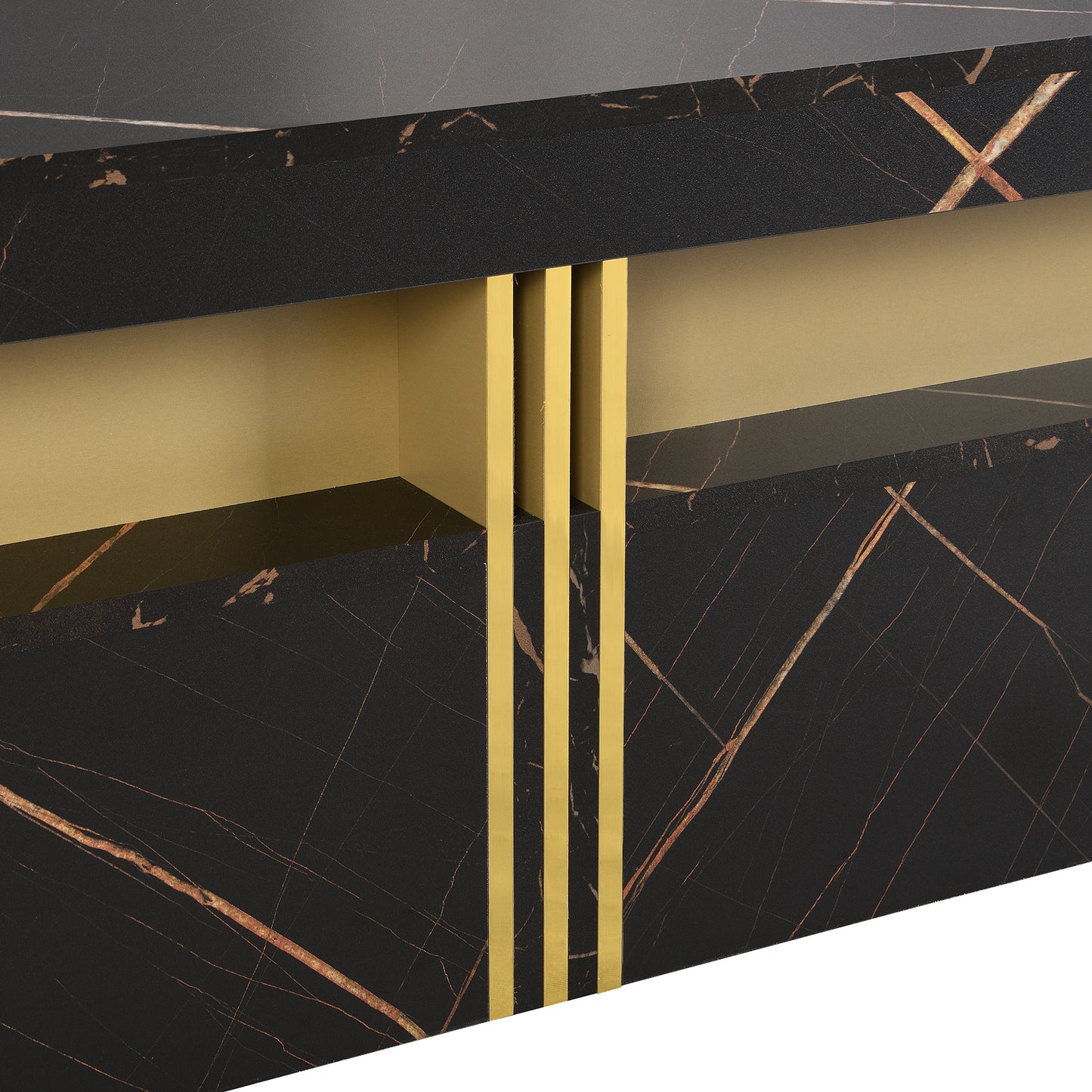 Contemporary Square Black Coffee Table with Gold Accents and Storage Drawers