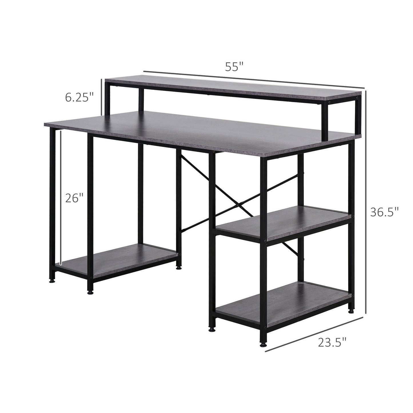 55 Inch Home Office Computer Desk Study Writing Workstation with Storage Shelves, Elevated Monitor Shelf, CPU Stand, Durable X-Shaped Construction, Grey Wood Grain