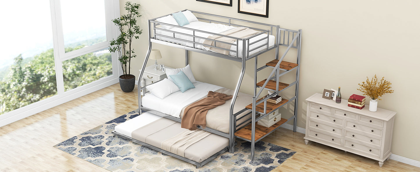 Silver Metal Bunk Bed with Trundle and Storage Staircase