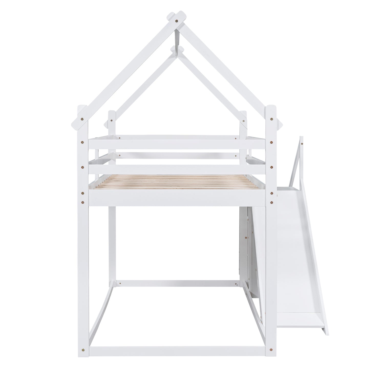 White Twin over Twin House Loft Bunk Bed with Slide, Staircase, Storage, and Play Area