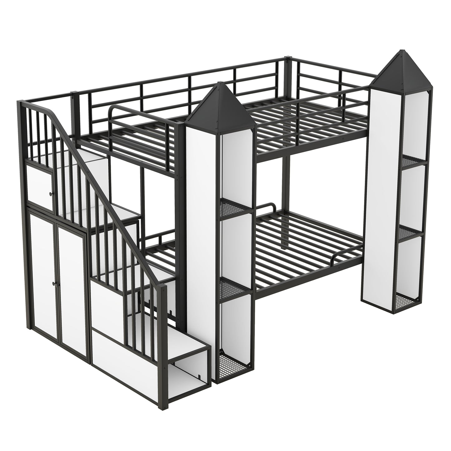 Castle-themed Metal Twin Bunk Bed with Wardrobe and Storage in Black and White Color Palette