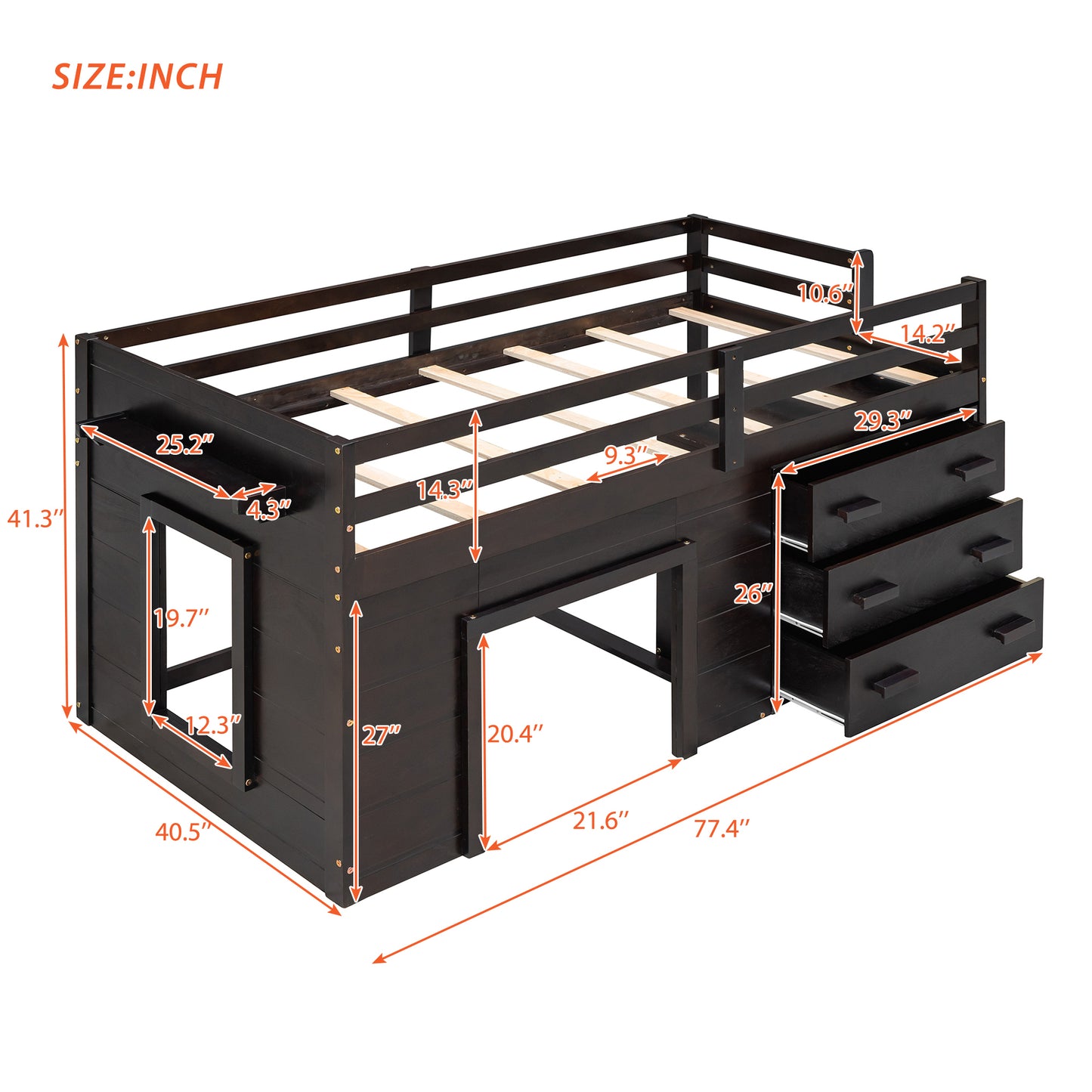 Twin Size Loft Bed with Cabinet and Shelf - Espresso