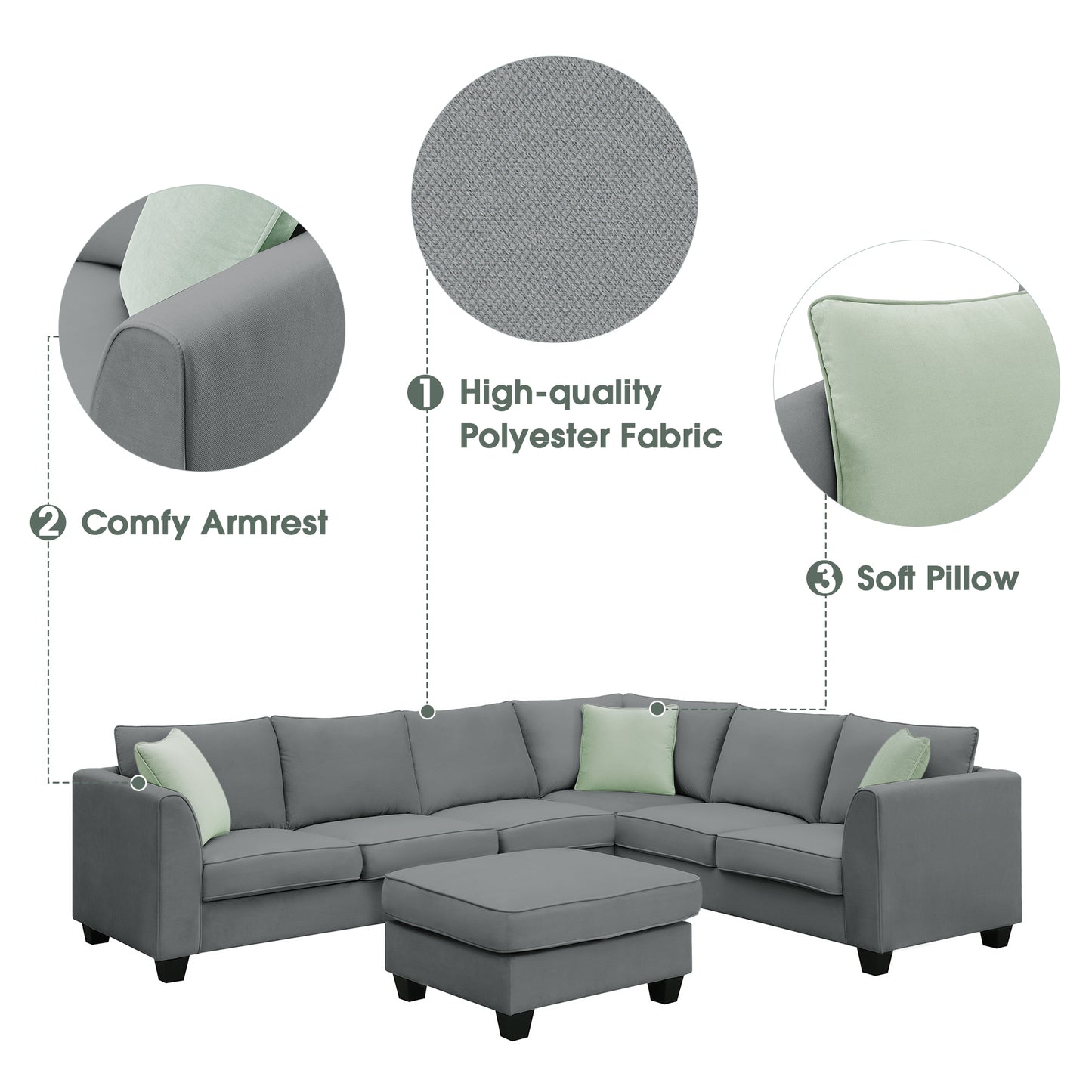 7-Seat Modular Sectional Sofa with Ottoman and Pillows - Grey (New GS008210AAG)