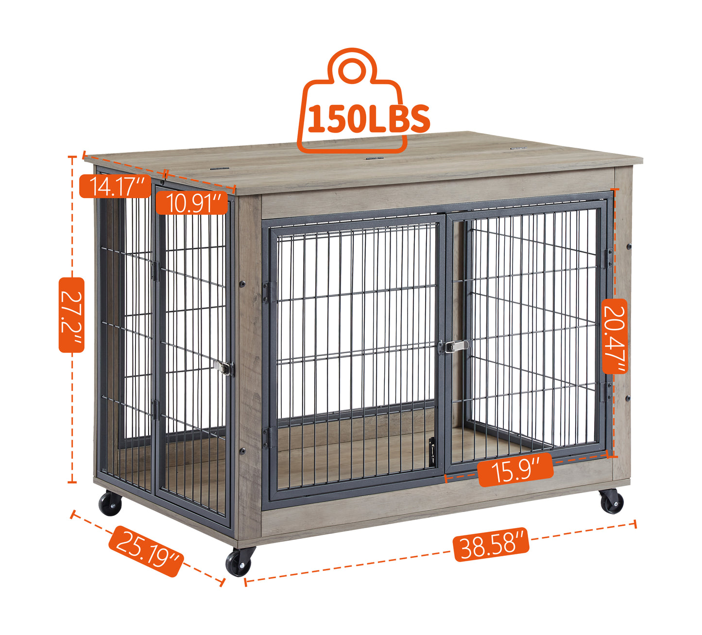 Furniture Style Dog Crate Side Table on Wheels with Double Doors and Lift Top.（Grey,38.58’’w x 25.5’’d x 27.36’’h）