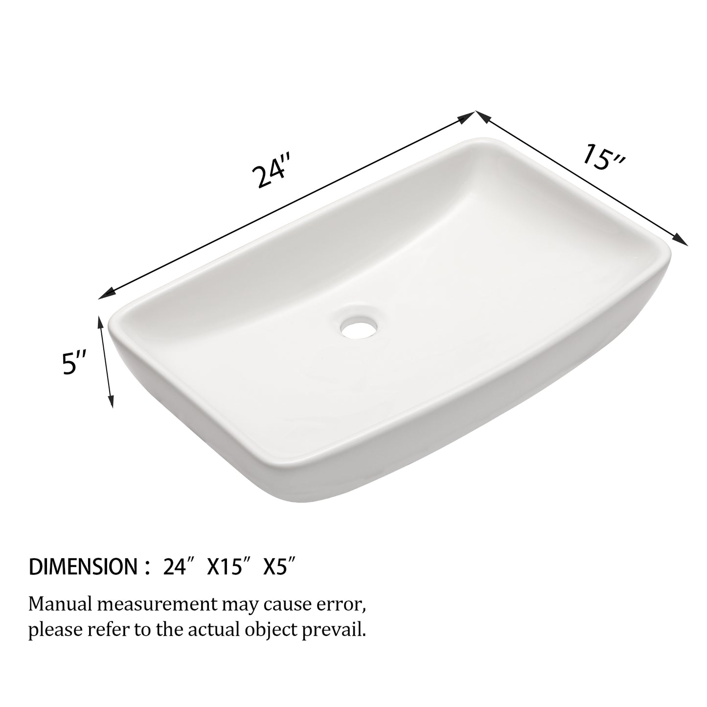 24"x15" White Ceramic Rectangular Vessel Bathroom Sink