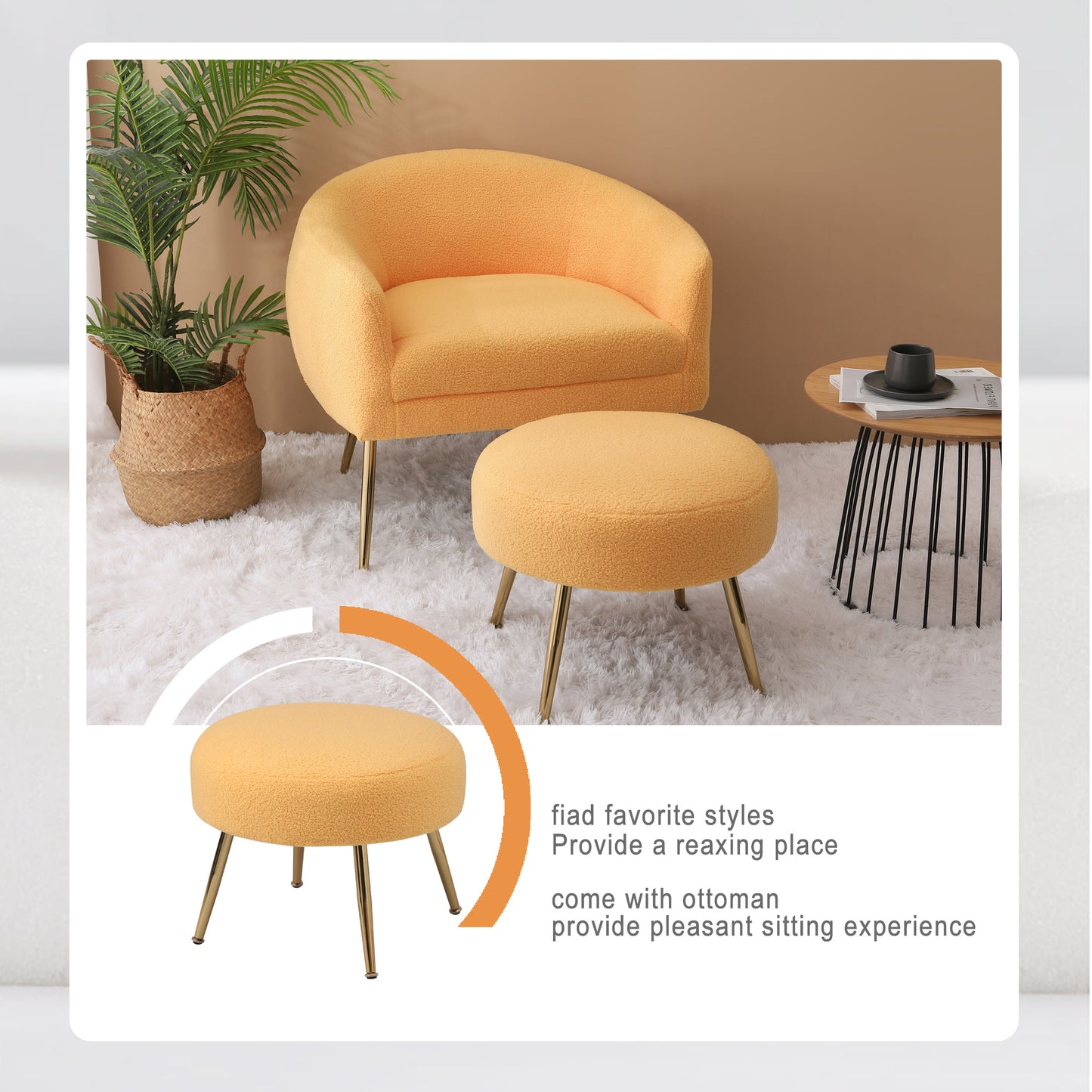 Accent Chair with Ottoman/Gold Legs, Modern Accent Chair for Living Room, Bedroom or Reception Room,Teddy Short Plush Particle Velvet Armchair with Ottoman for Living Room