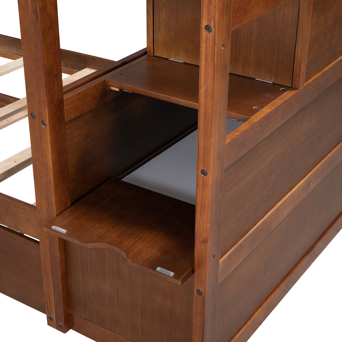 Elegant Walnut Finish Twin Bunk Bed with Trundle, Stairs, and Storage