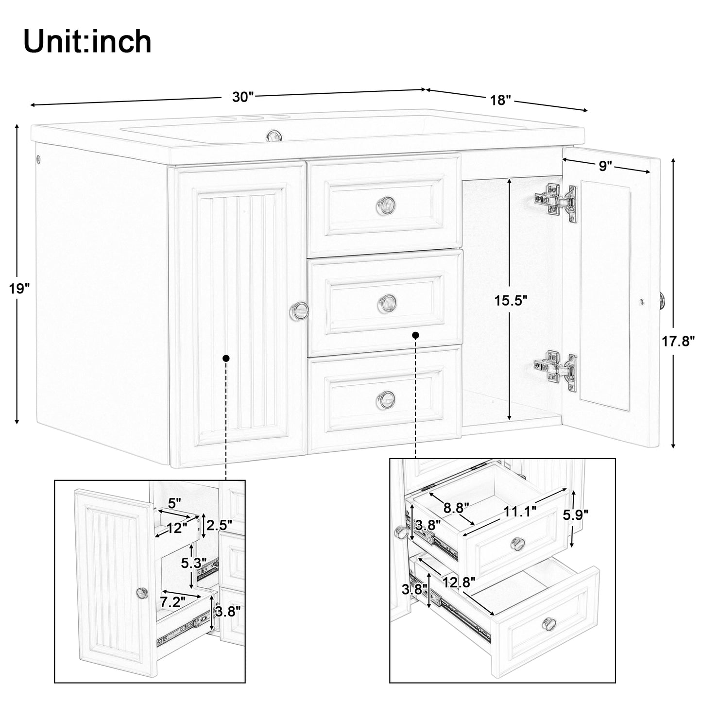 30" Wall Mounted Bathroom Vanity with Sink Combo, Functional Drawer, Solid Wood & MDF Board & Ceramic, Green