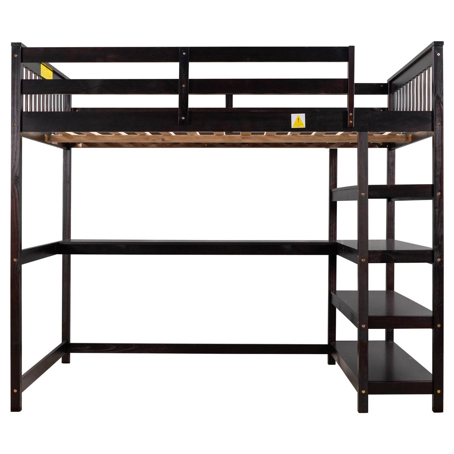 Full Size Loft Bed with Storage Shelves and Under-bed Desk, Espresso