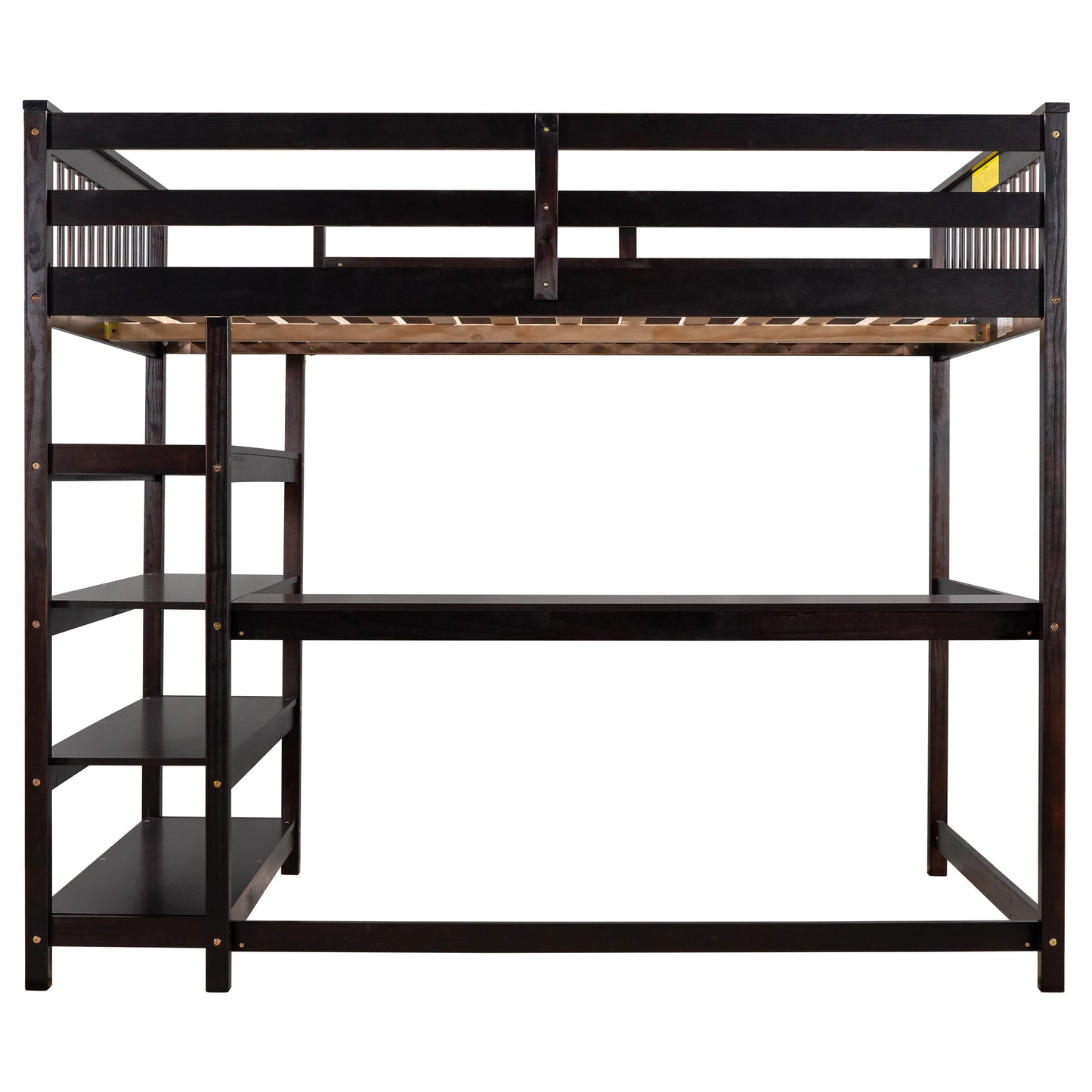 Full Size Loft Bed with Storage Shelves and Under-bed Desk, Espresso