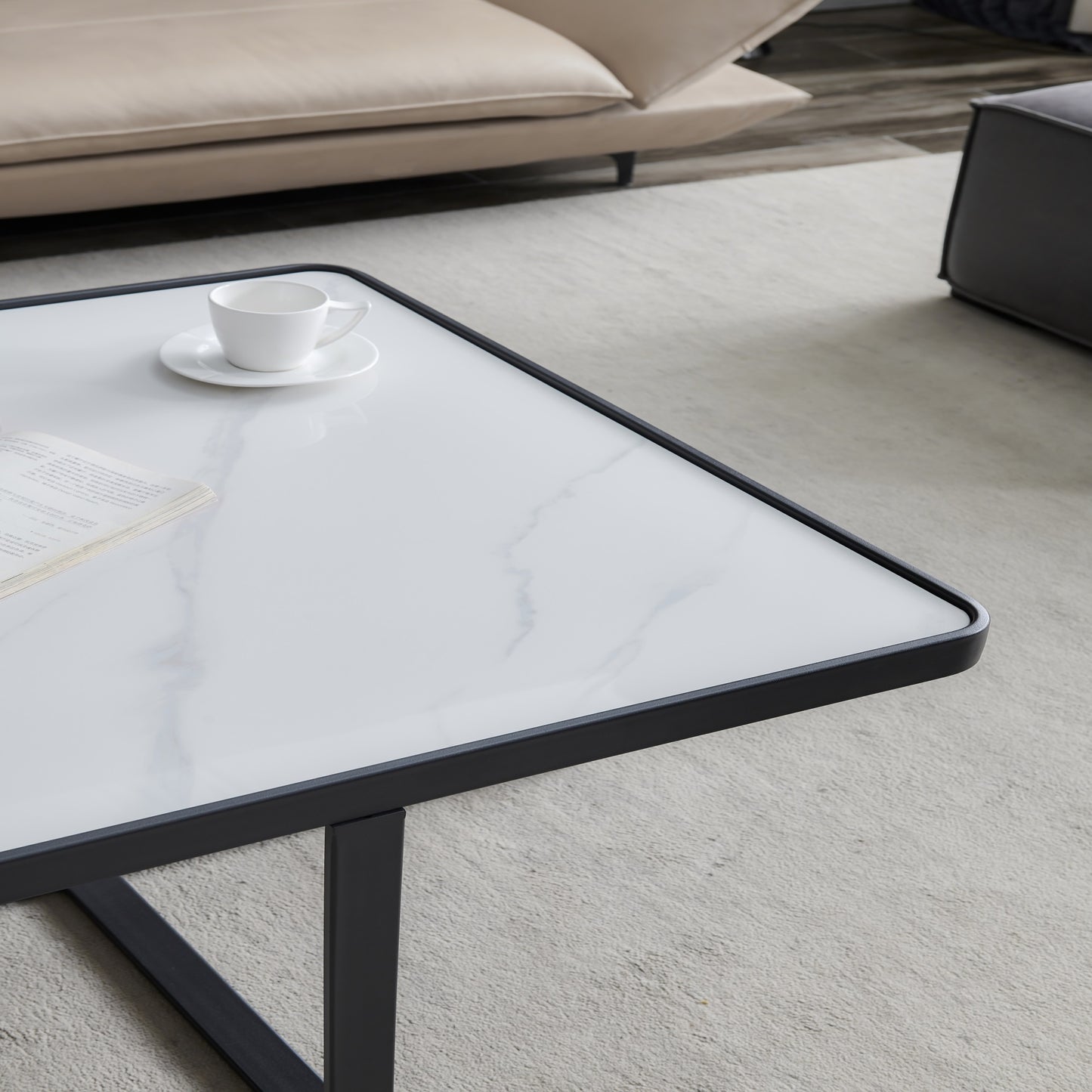 Streamlined Square Coffee Table: Black Metal Frame with Sintered Stone Tabletop