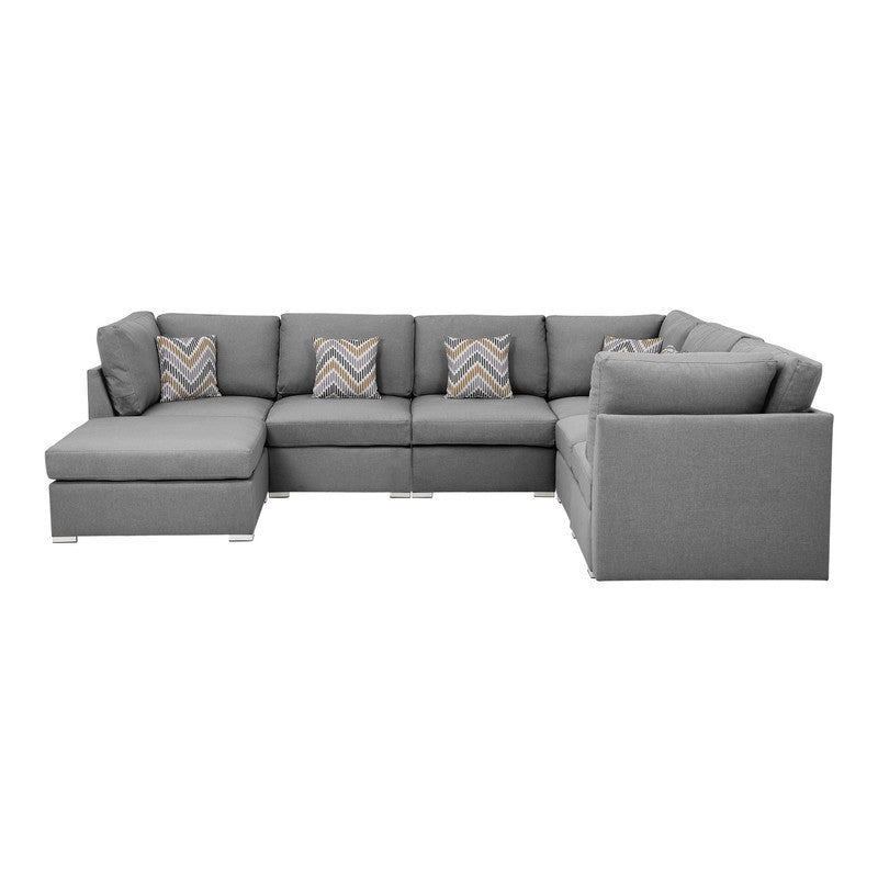 Amira Gray Fabric Customizable Modular Sectional Sofa with Ottoman and Accent Pillows