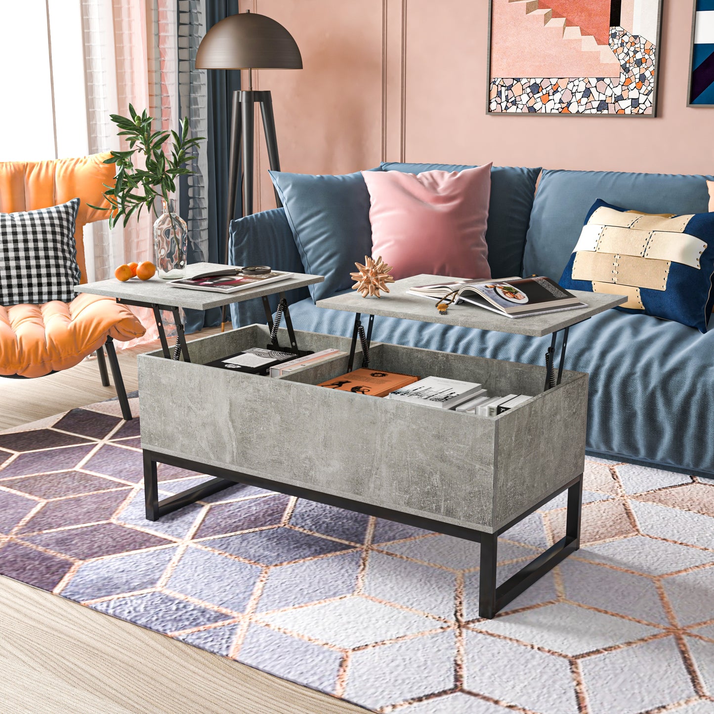 Elevated Gray Coffee Table with Hidden Storage and Adjustable Lift Top