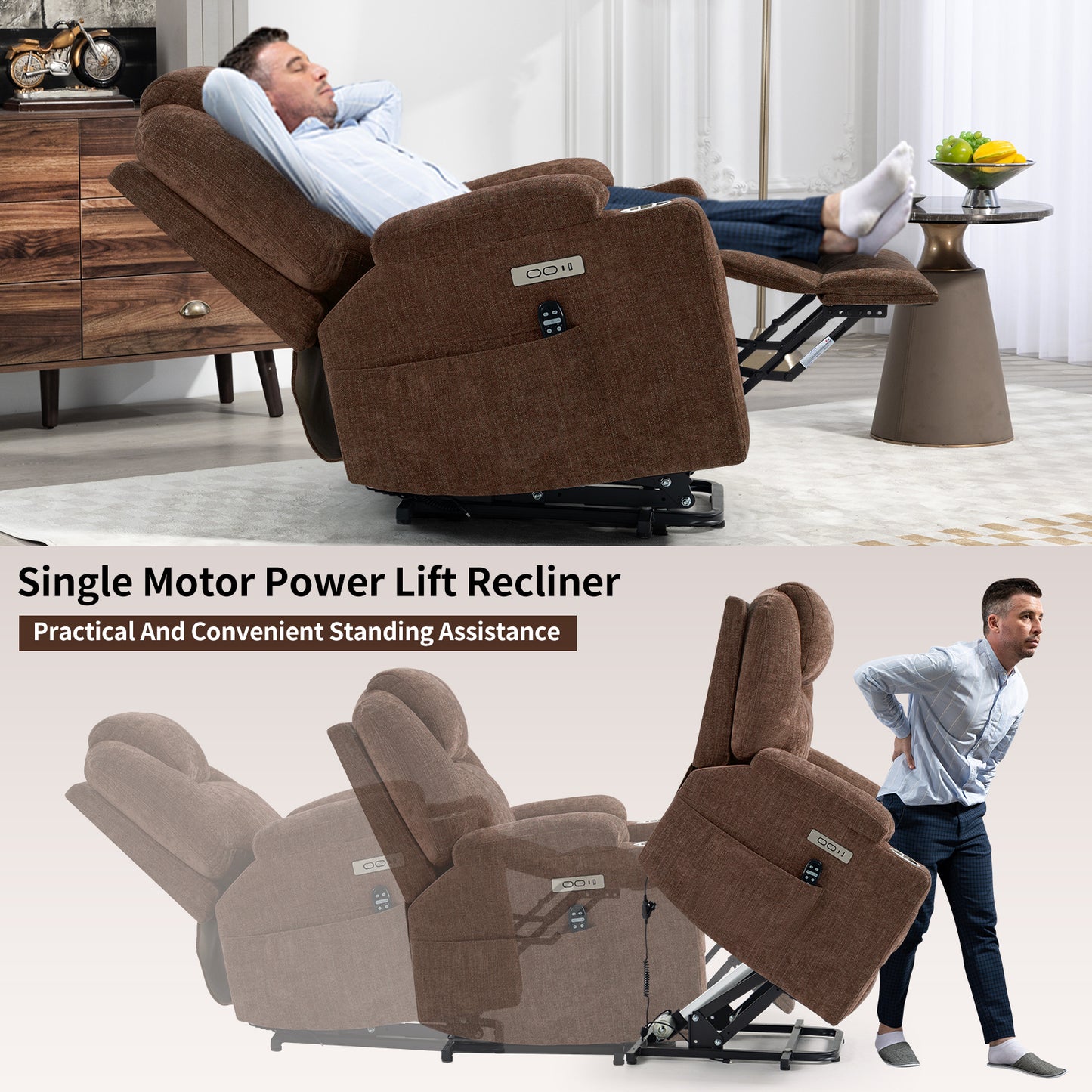 Okin Motor Chenille Power Lift Recliner Chair with Massage, Heating, USB Ports, and Cup Holders - Brown