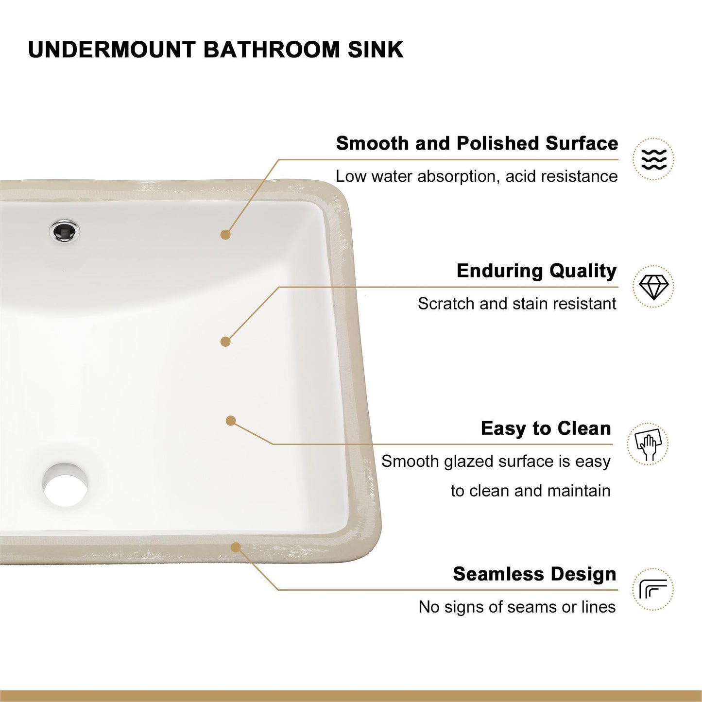 18.5"x13.5" White Ceramic Rectangular Undermount Bathroom Sink with Overflow