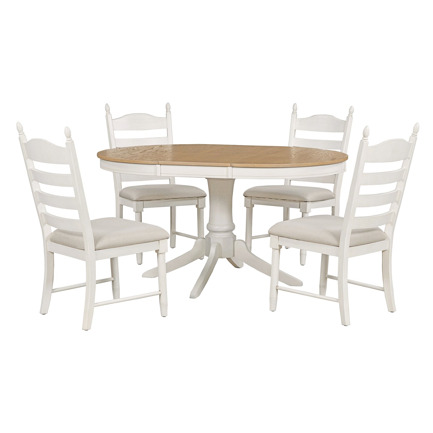 TREXM 5-Piece Retro Functional Dining Table Set Wood Round Extendable Dining Table and 4 Upholstered Dining Chairs (Off White)