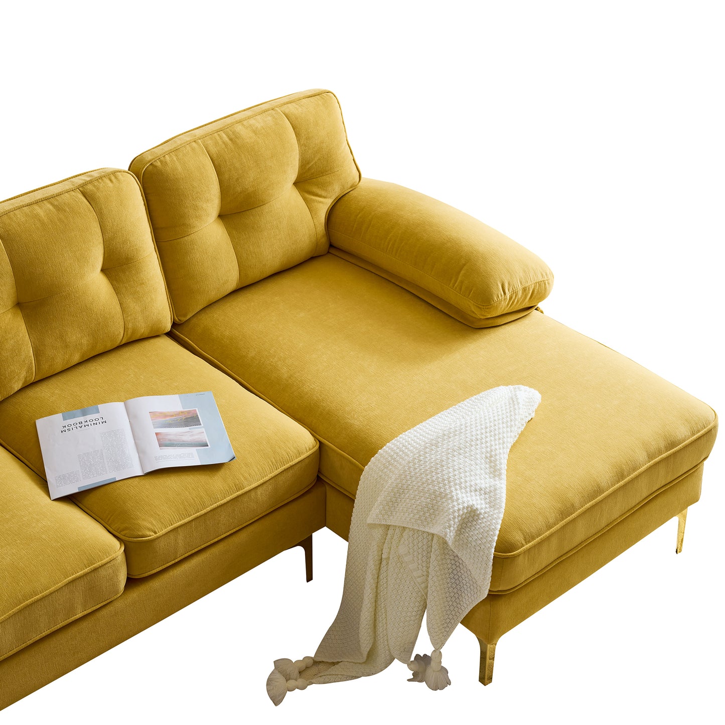 Modern Yellow Velvet L-Shaped Sectional Sofa for Living Room or Bedroom