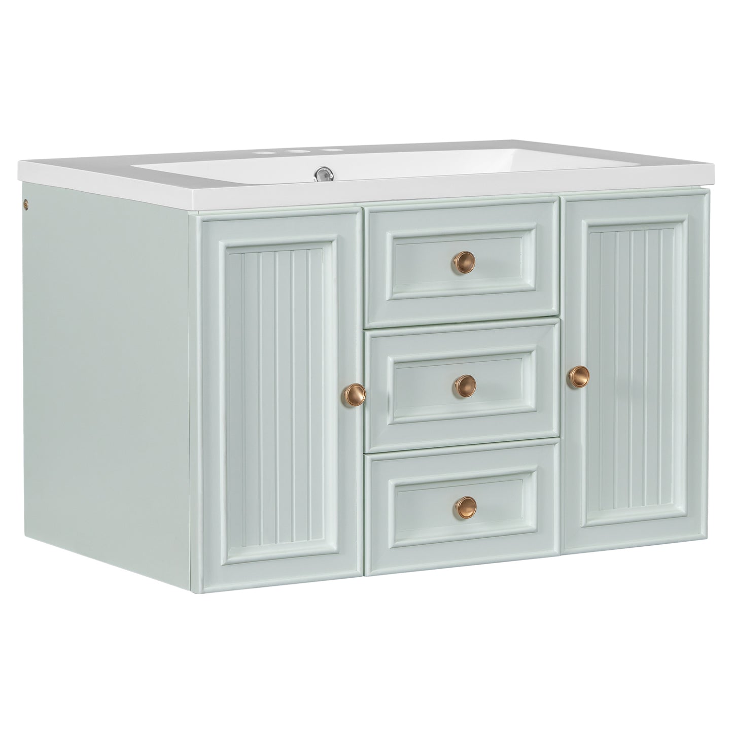 30" Wall Mounted Bathroom Vanity with Sink Combo, Functional Drawer, Solid Wood & MDF Board & Ceramic, Green